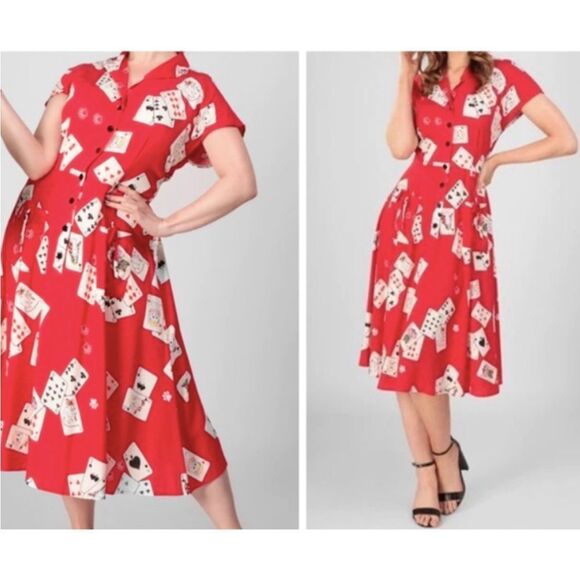 Collectif London Liza Cat Croupier Red Swing Dress (Size 2) - Picture 1 of 11